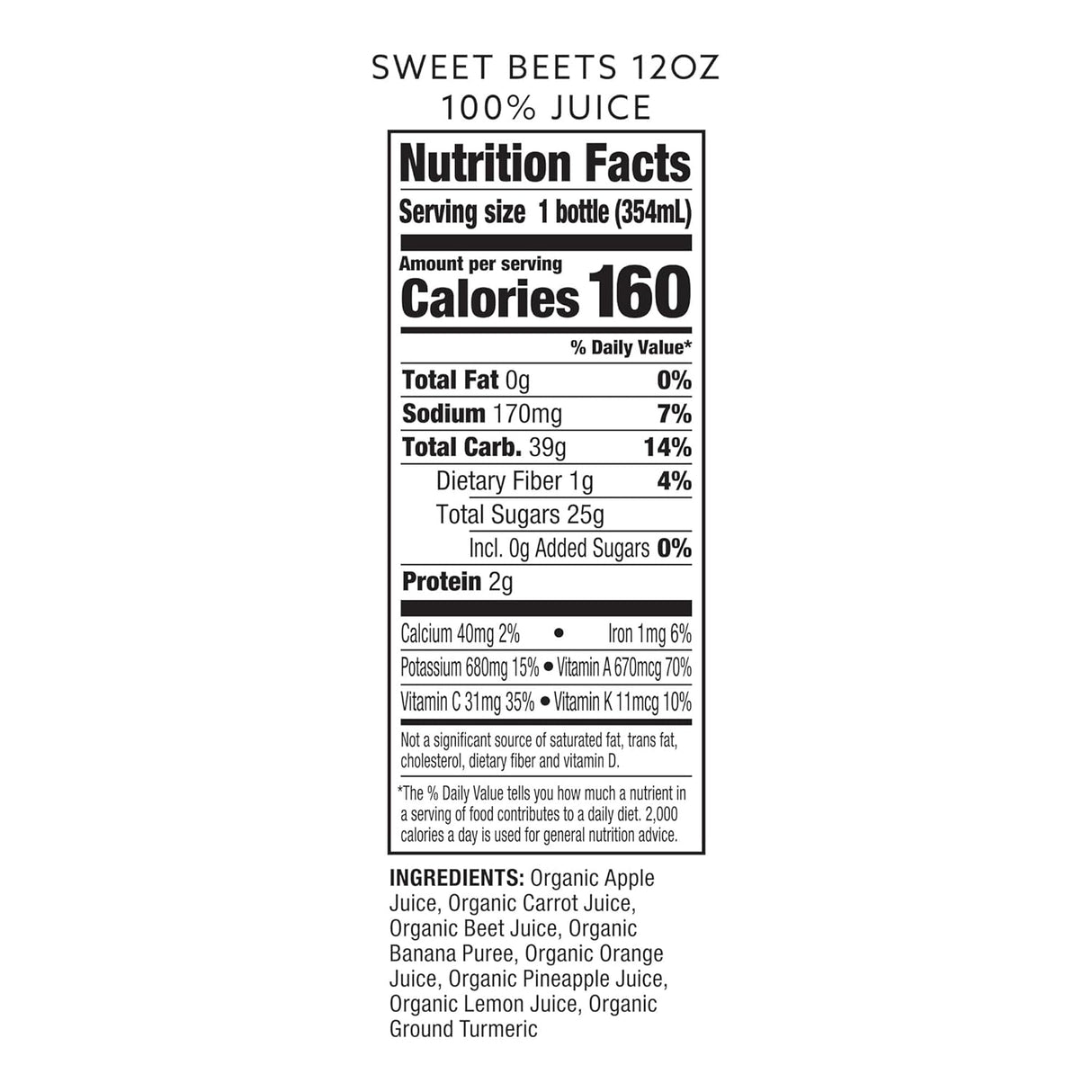 Suja Organic Cold-Pressed Sweet Beets, Apple, Carrot, Beet, Banana, Orange, 12 Fl Oz Bottle