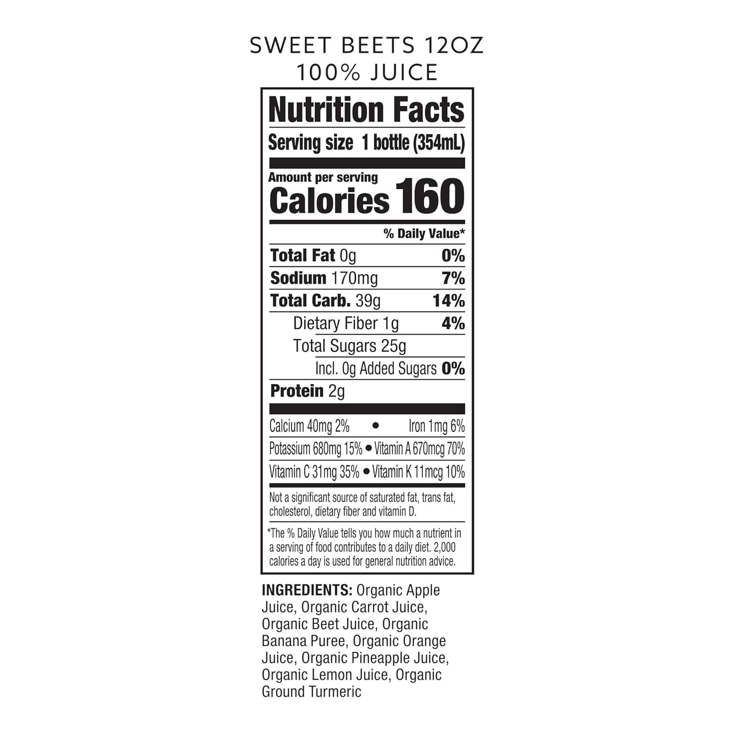 Suja Organic Cold-Pressed Sweet Beets, Apple, Carrot, Beet, Banana, Orange, 12 Fl Oz Bottle