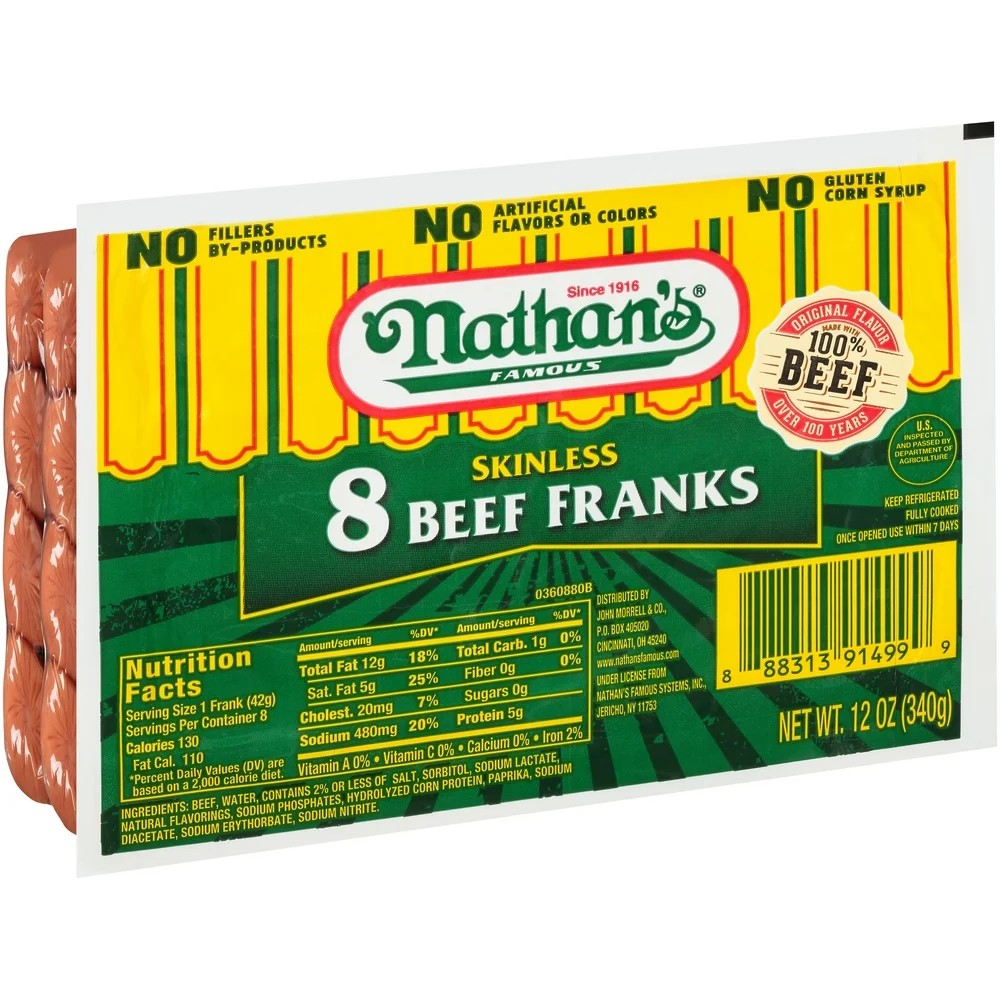 Nathan's Famous Skinless Beef Hot Dogs, 12 oz