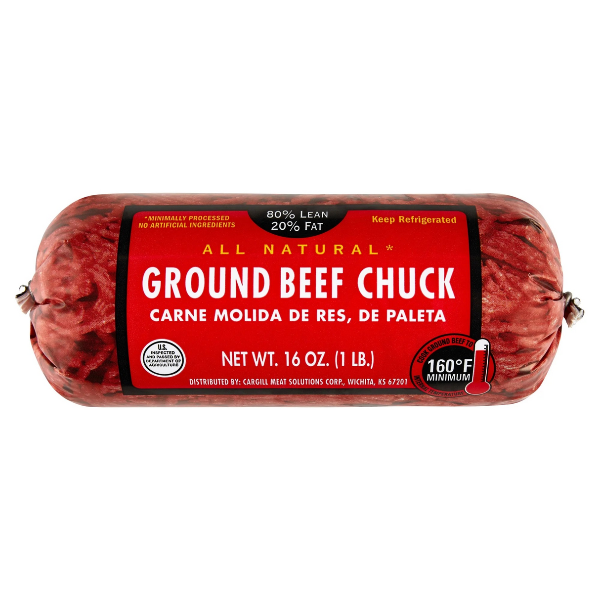 All Natural Ground Beef Chuck - 80% Lean / 20% Fat, 1 lb Roll
