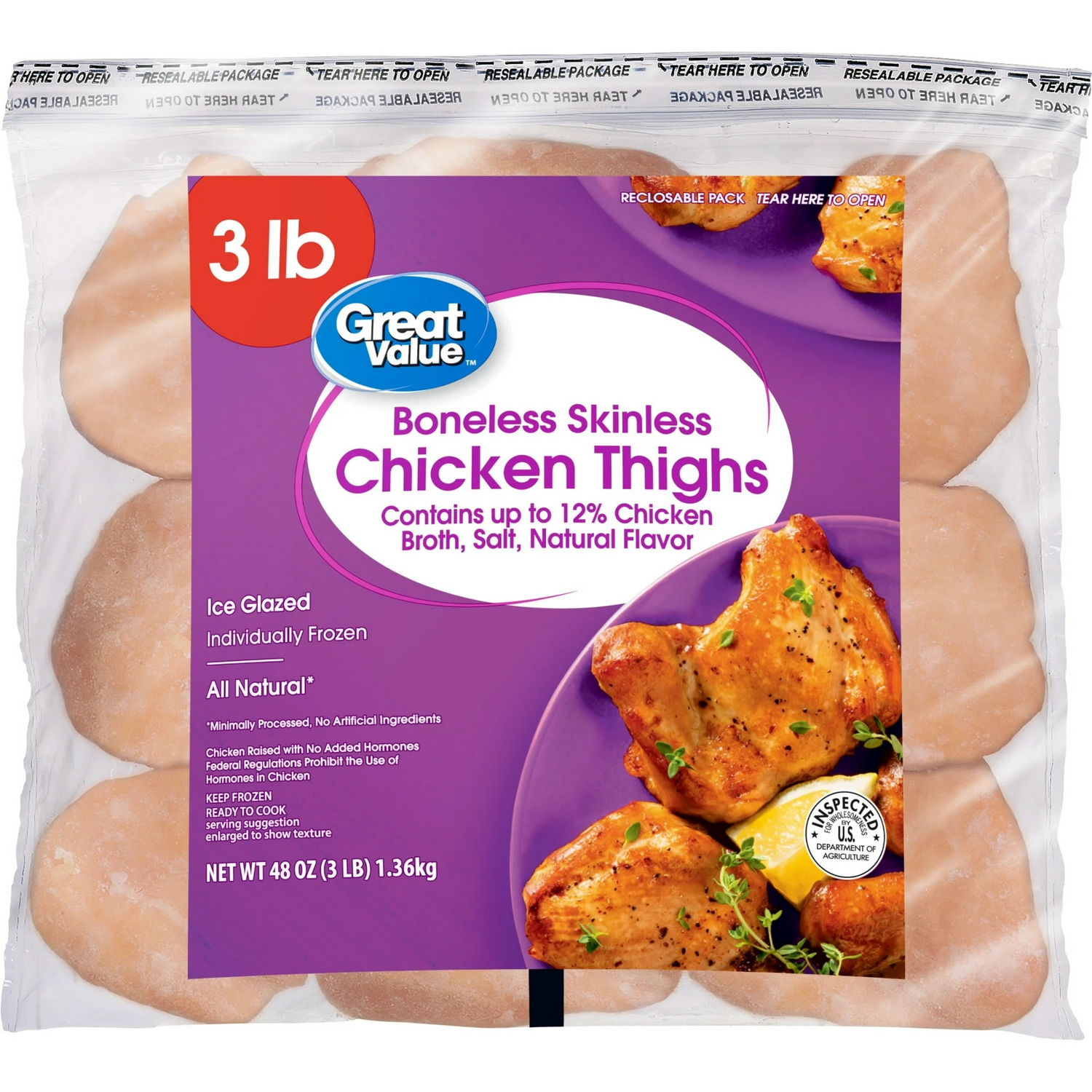 Great Value All Natural Boneless Skinless Chicken Thighs, 3 lb