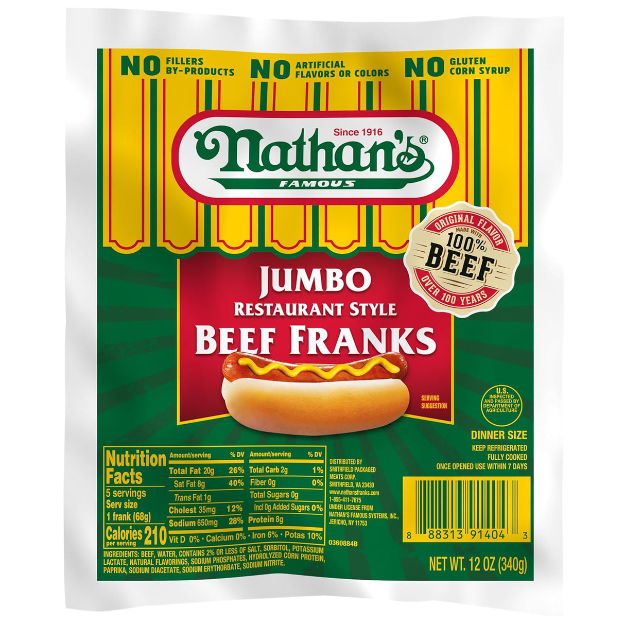 Nathan's Famous Jumbo Restaurant Style Beef Franks, 12 oz