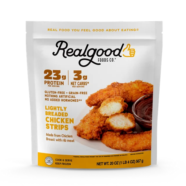 Realgood Foods Co. Lightly Breaded Chicken Breast Strips, Gluten-Free, 20 oz Regular Bag (Frozen)
