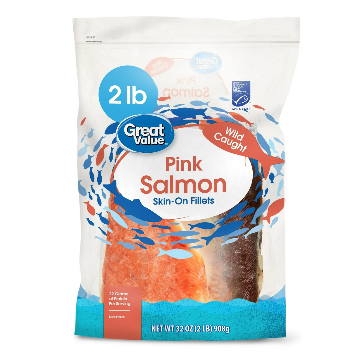 Great Value Wild Caught Pink Salmon Skin-on Fillets, 2 lb