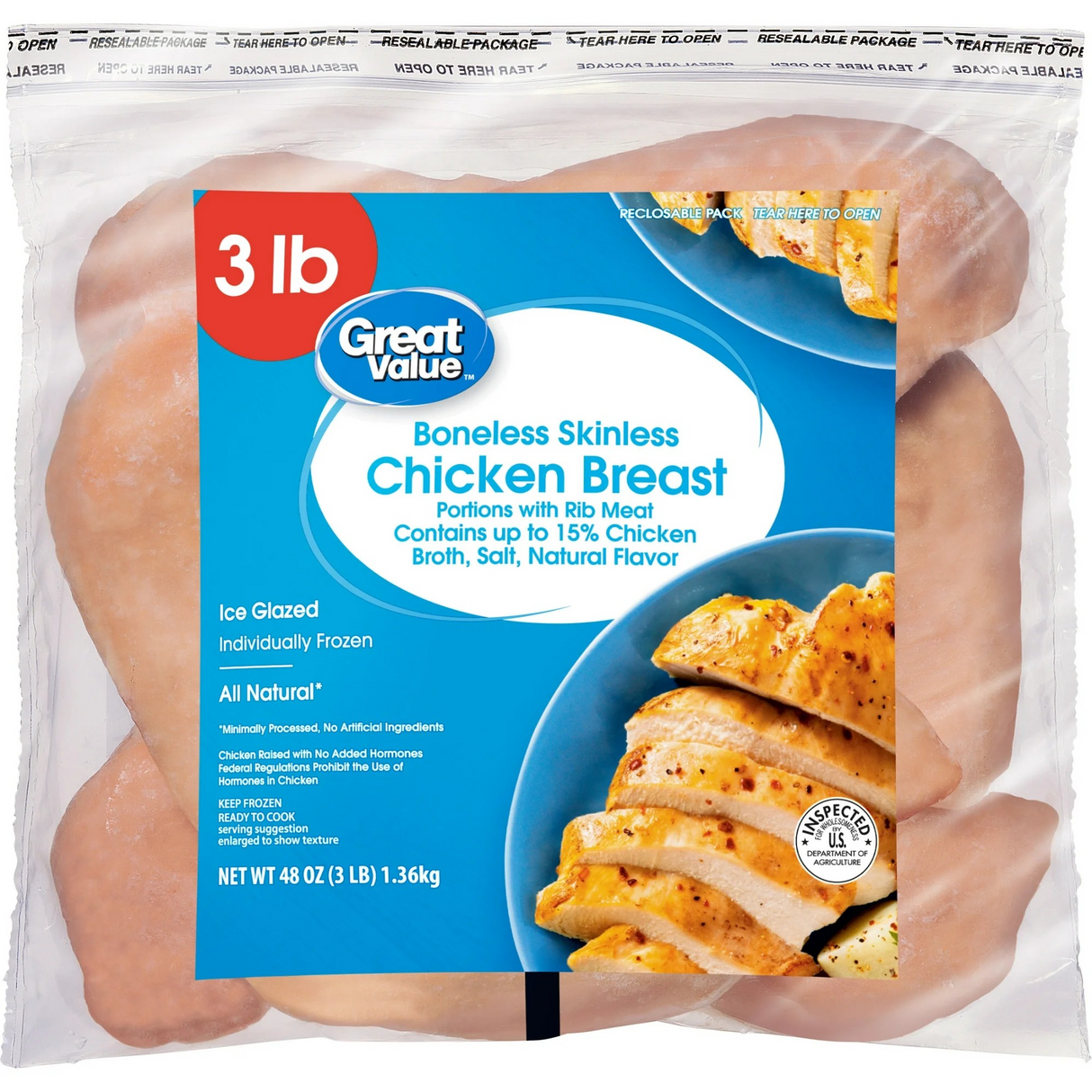 Great Value All Natural Boneless Skinless Chicken Breasts, 3 lb