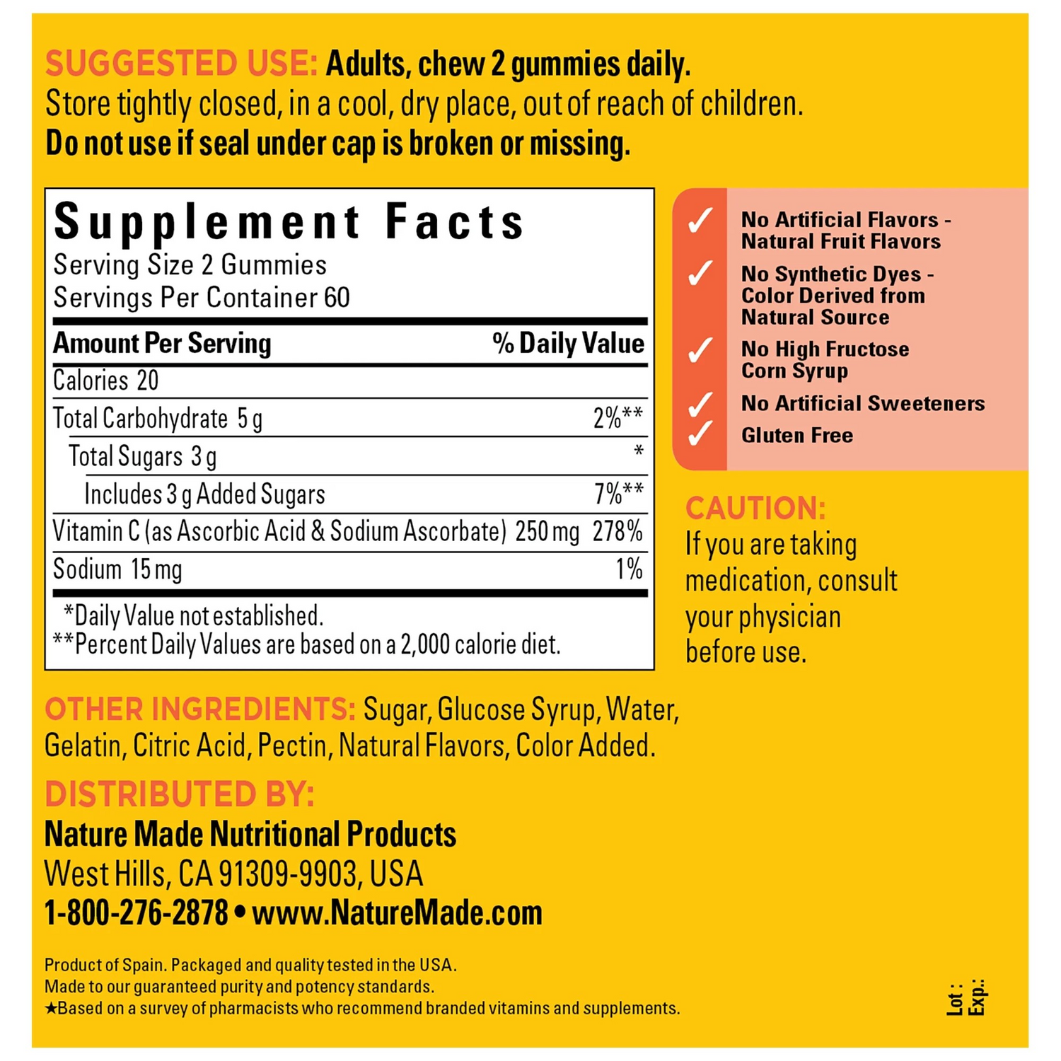 Nature Made Vitamin C 250 mg Per Serving Gummies, Dietary Supplement, 120 Count
