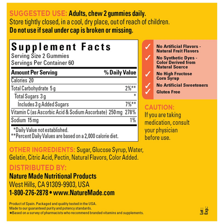 Nature Made Vitamin C 250 mg Per Serving Gummies, Dietary Supplement, 120 Count
