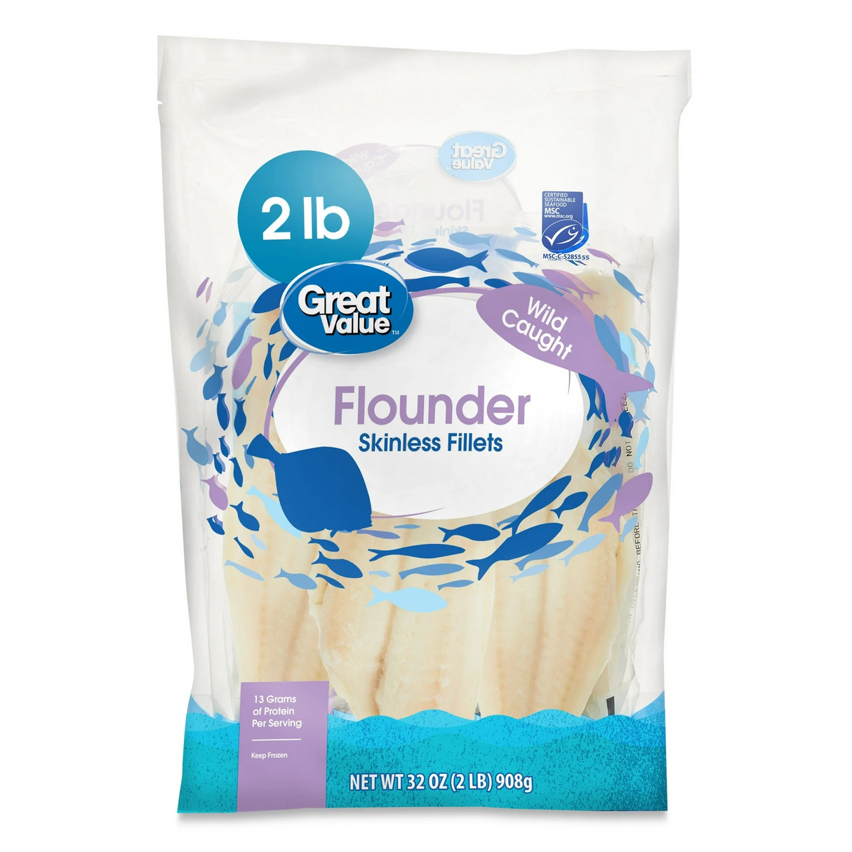 Great Value Wild Caught Flounder Skinless Fillets, 2lb