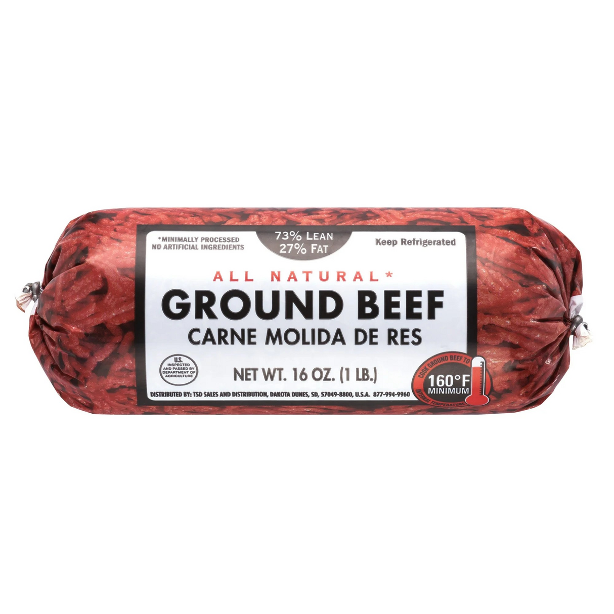 All Natural Ground Beef - 73% Lean / 27% Fat, 1 lb Roll