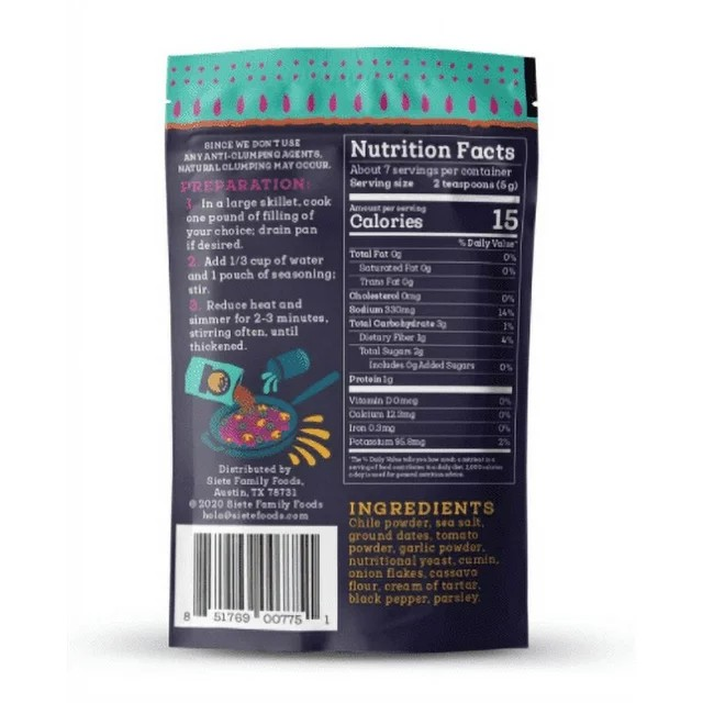 Siete Mild Taco Seasoning, Mixed Spice, 1.31 oz. Packet