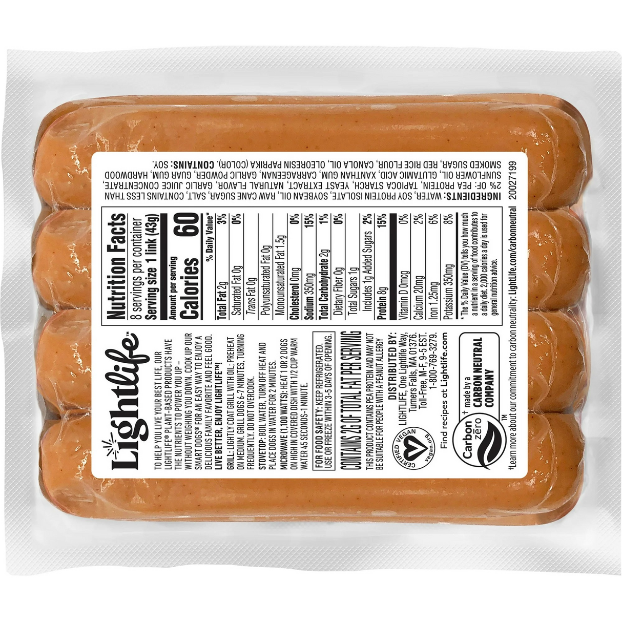 LightLife Smart Dogs, Plant Based Hot Dogs, 12 oz Plastic Wrapper, 8 Count