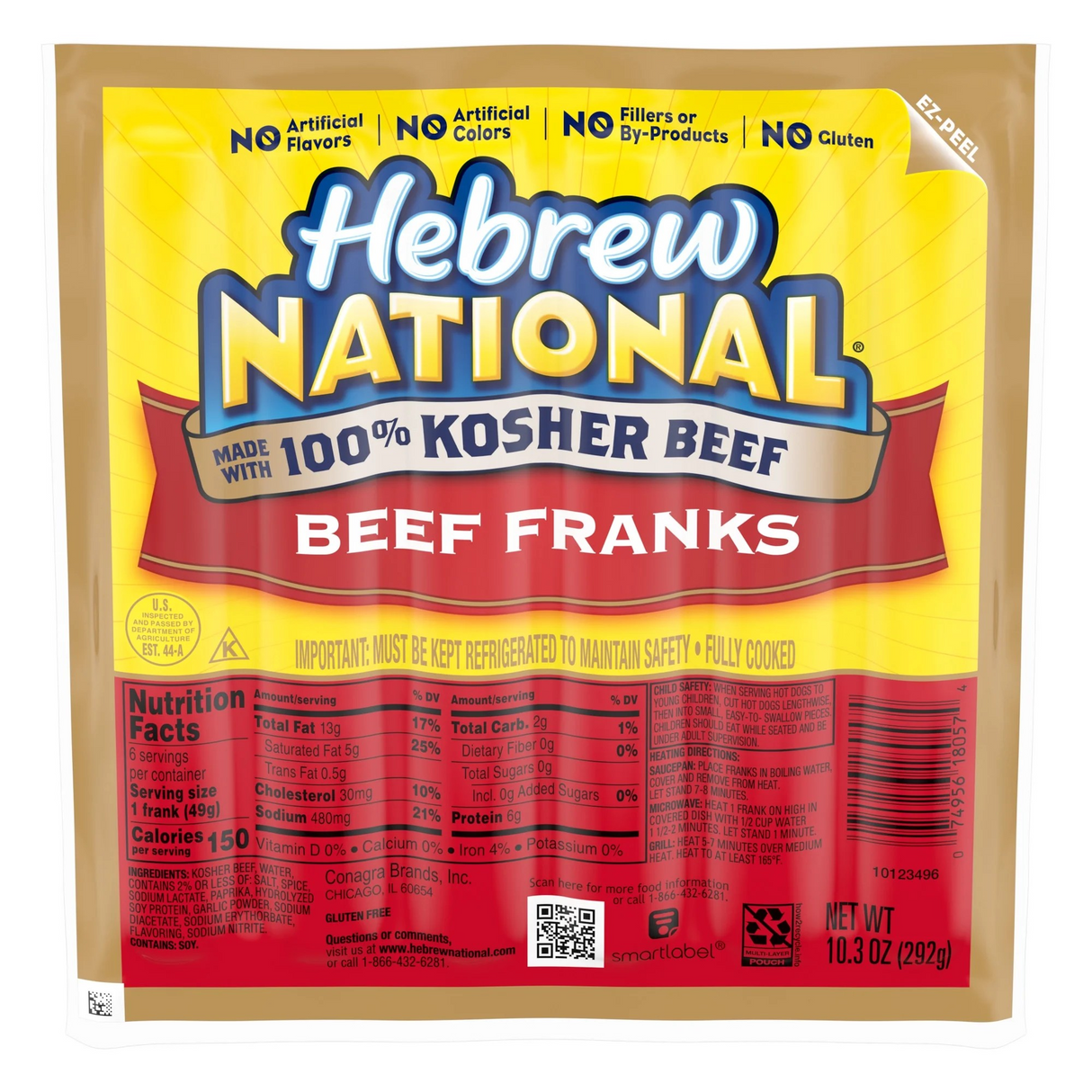 Hebrew National 100% Kosher Beef Franks, Hot Dogs, 10.3 oz 6 Count