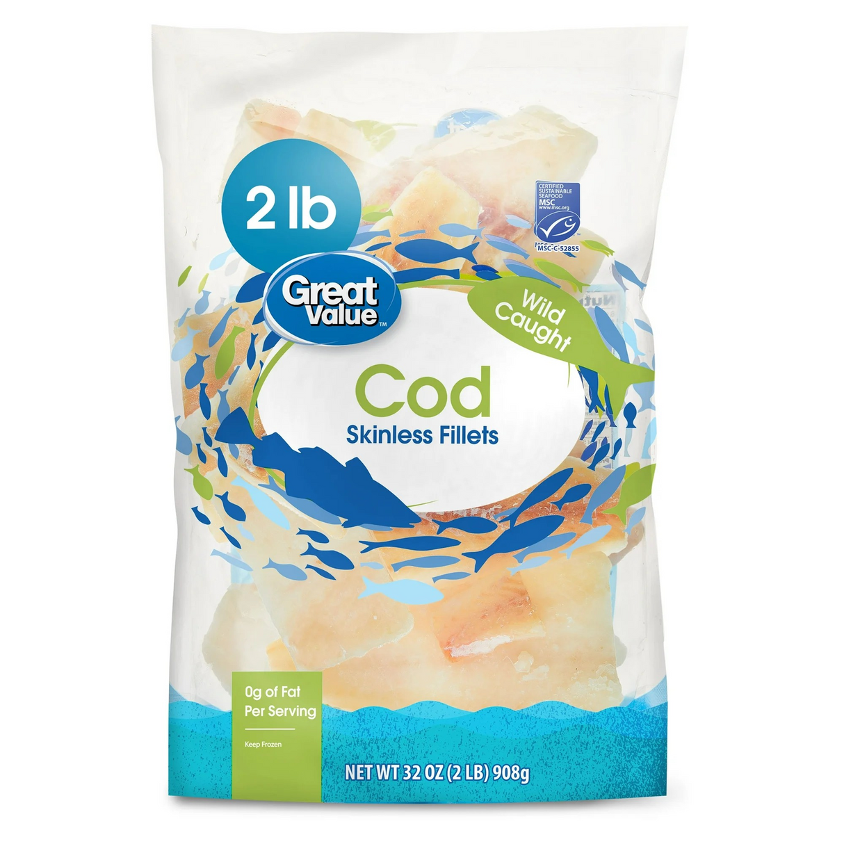 Great Value Wild Caught Skinless Cod Fillets, 2 lb
